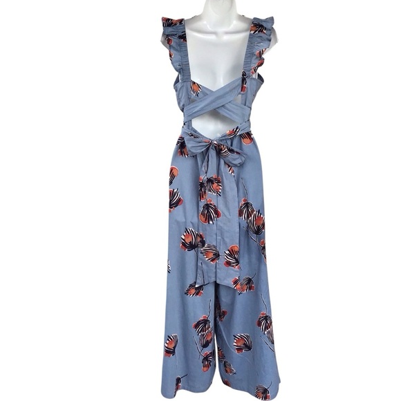 Anthropologie Bel Kazen Blue Floral Wide Leg Ruffle Sleeve Open Back Jumpsuit - Picture 5 of 9